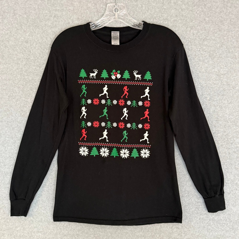 Gildan Christmas Running Graphic T-Shirt Mens Small Black Long Sleeve Tee